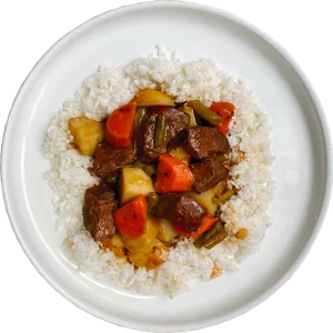 Estofado Carne de Res con Verduras acompañado de arroz blanco F&R